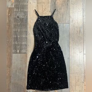 Black sequin mini dress square neck open back